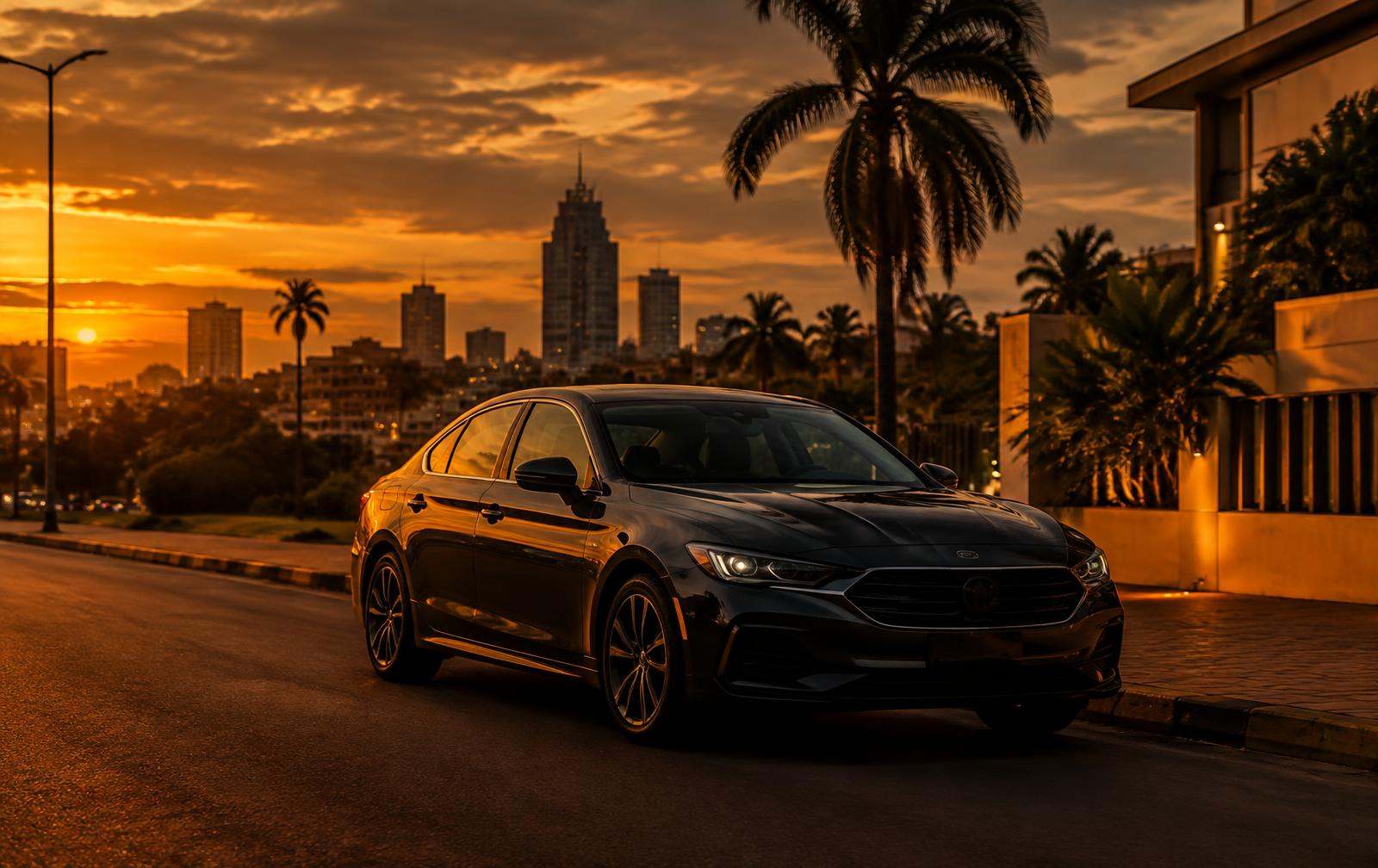 Dark sedan at dusk on a warm-lit street